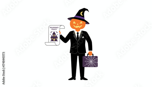 Pumpkinheaded businessman in a witch hat offers a Halloween haunted house insurance policy Seasonal business