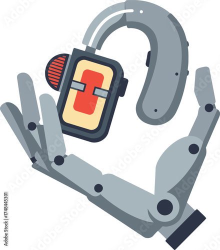 Hearing aid being held by robotic hand on a white background
