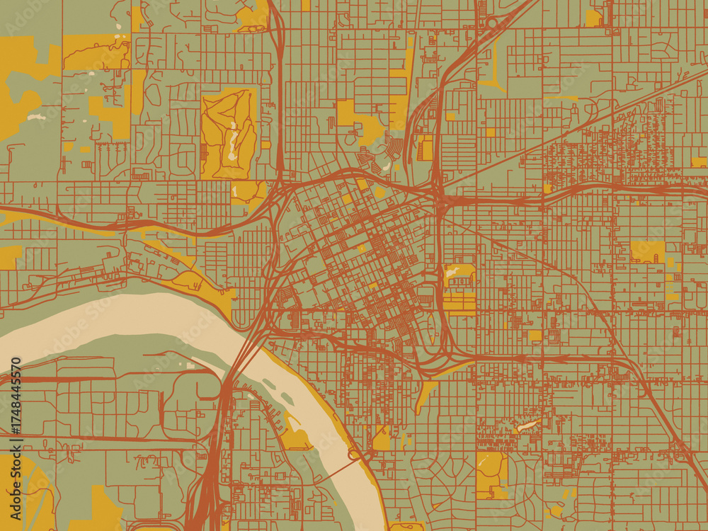 Obraz premium Abstract flat-design map of Tulsa Center, Oklahoma, featuring muted sage base, rust-colored roads, and soft ochre highlights.