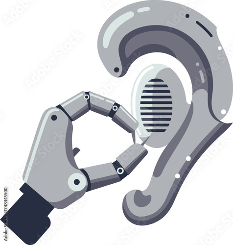 Robot hand adjusting hearing aid device in ear, futuristic concept