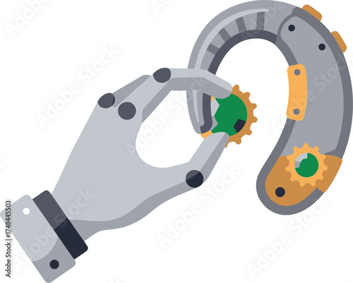 Robotic hand holding cog next to bionic hearing device, illustration