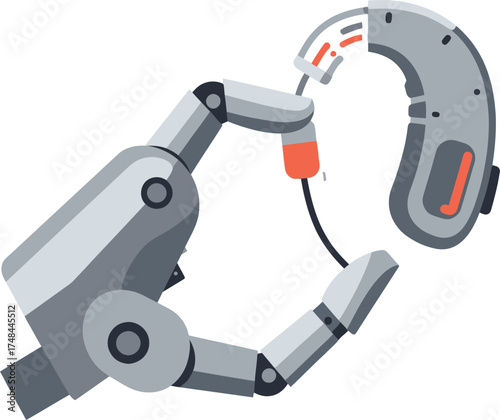 Robotic arm holding a hearing aid on white modern technology