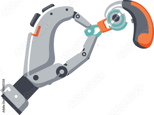 Robot hand holding hearing aid for assistance, ear health support