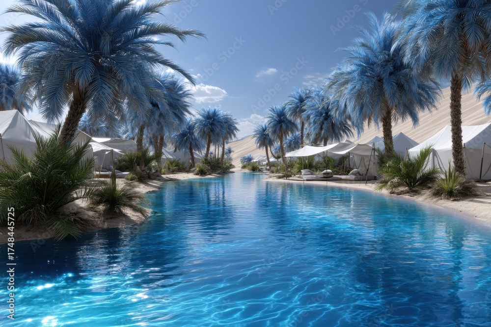 Fototapeta premium Lush oasis with blue palm trees and a tranquil waterway surrounded by tents in a desert setting