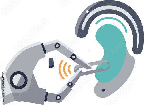 Robot arm adjusting hearing aid, assistive technology illustration