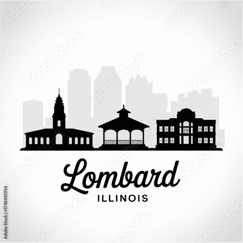 ‎Lombard Illinois Skyline Silhouette — The Lilac Village Vector Illustration