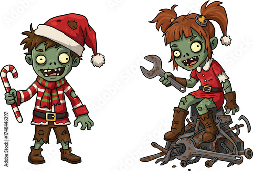 Zombie couple in festive outfits, cartoon Christmas scene with tools and candy, surreal holiday contrast, emotional moment, humorous horror illustration