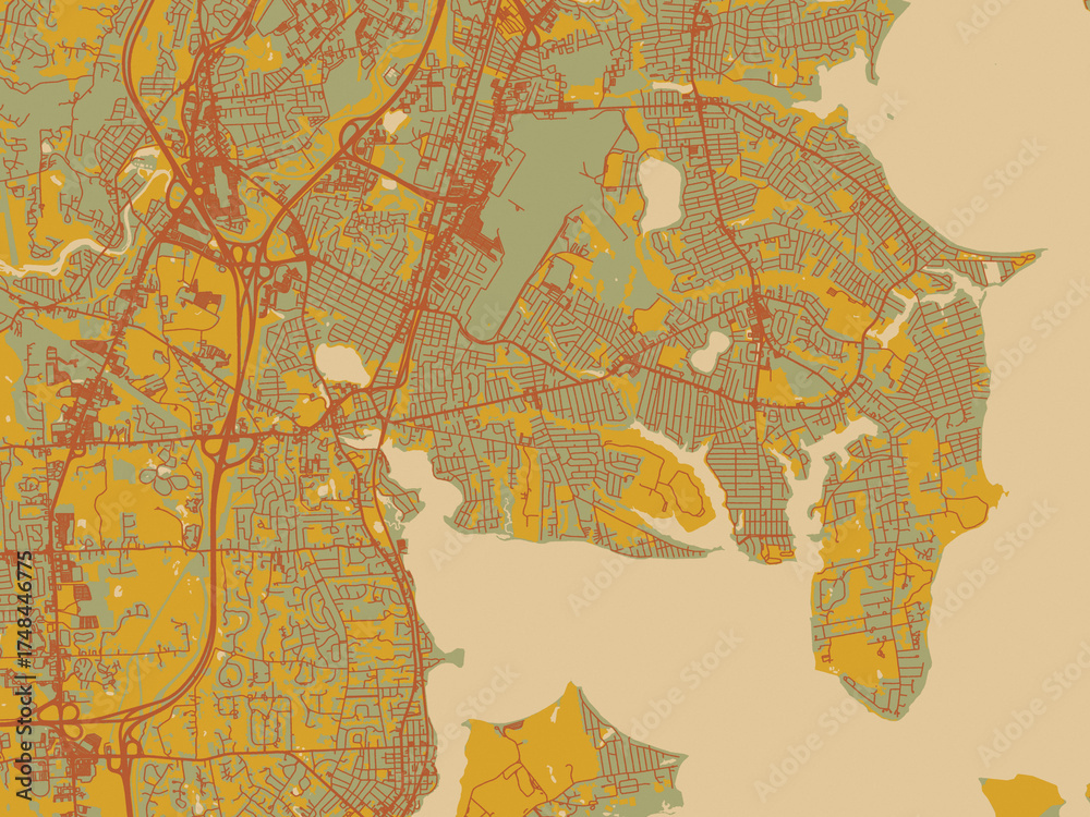 Naklejka premium Minimalist flat city map of Warwick Rhode, Island with sage/olive tone field with rust networks and ochre shapes, cream water.