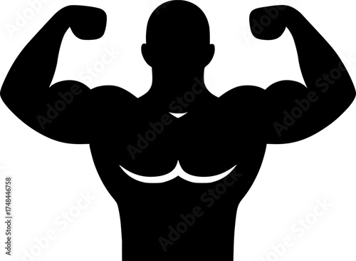 Bodybuilder flexing muscles silhouette, strong man fitness vector illustration, athlete showing strength pose