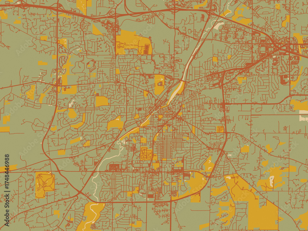 Naklejka premium Flat painterly map of Waukesha, Wisconsin in sage green ground with rust-red roads and ochre accents.