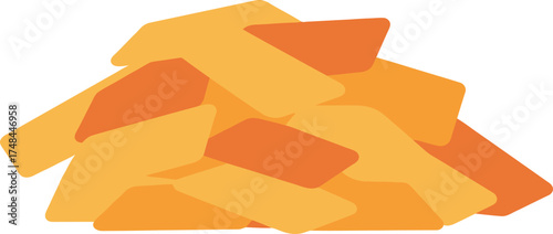 Pile of stylized orange and yellow pasta pieces on white background