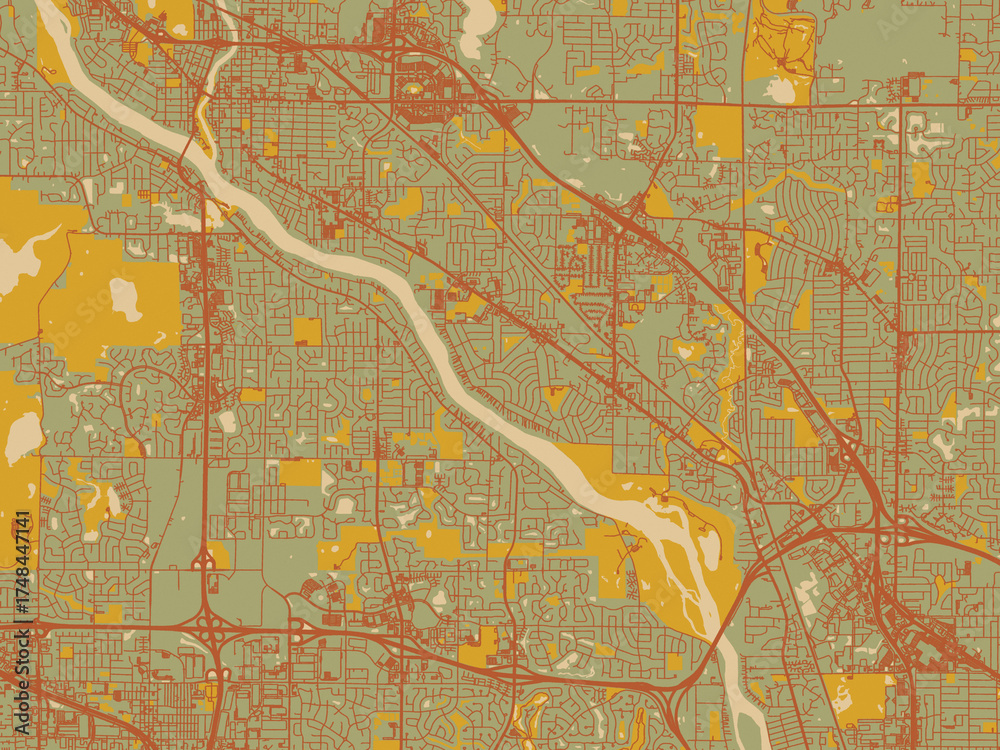 Obraz premium Minimalist flat city map of West Coon Rapids, Minnesota with olive backdrop with warm rust street network and ochre blocks.