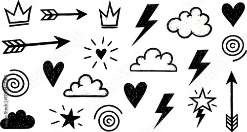 Vector art of set of handdrawn graphic elements including hearts, stars, and clouds