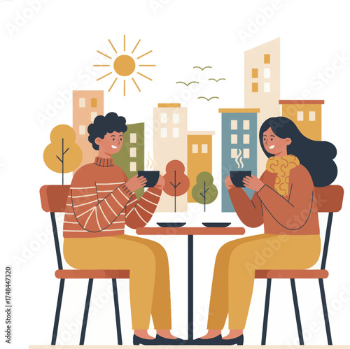  Coffee and conversation with a friend in a sunny urban setting. Casual chat with coffee in the city under the sun. Relaxing with coffee and conversation in a sunny café