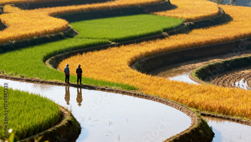 Terraced rice fields with farmers