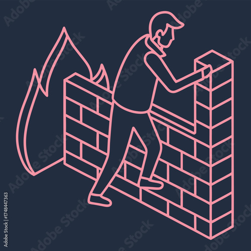 Stylish illustration of a determined person climbing over a brick wall with flames in the background vector