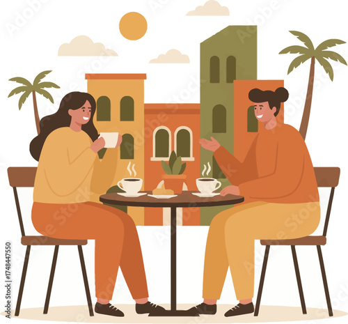 Relaxing coffee time under the sun with friends. Enjoying sunny café moments with a friend and coffee. Friends chatting with coffee in warm sunny café. Café with friends and coffee under a bright sky