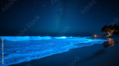 Glowing Bioluminescent Ocean Waves Under Starry Night Sky