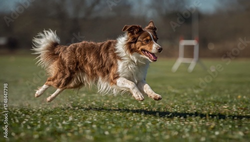 Dynamic action shot of a happy Border Collie joyfully running and leaping across a grassy field on a sunny day, perfect for pet lovers and outdoor adventures