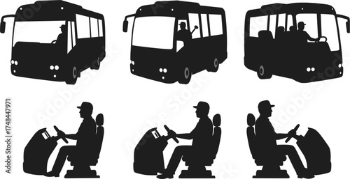 Bus driver silhouette, simulator training icons, black transport graphic set, ergonomic driving posture, control panel interaction, public transit, vehicle operation concept