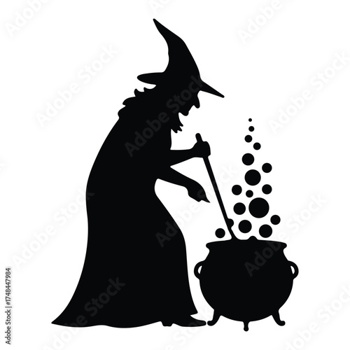 Silhouette of a Witch Stirring Cauldron Potion Perfect for Halloween Illustrations and Spooky Designs Ideal for Seasonal Projects and Magical Themes Against White Background