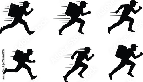 Fast courier delivery service, running silhouette with backpack, express logistics, urgent shipping, black icon set for transportation, ecommerce, food delivery, motion concept