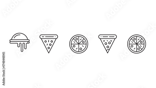 Collection of simple line art icons representing pizza slices and a burger.
