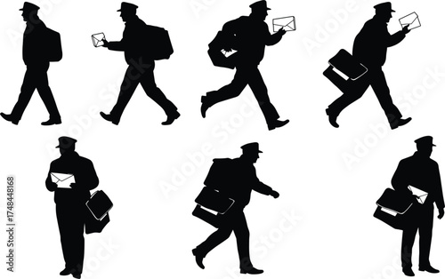 Postal delivery worker silhouette, walking and standing poses, mailbag and envelope, black icon set for courier service, transport, logistics, communication, uniform