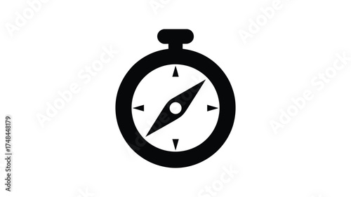 Simple hand drawn black silhouette of a compass indicating direction on white background