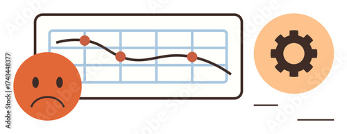 Trending data line in downward slope on graph, sad face emotion, and gear icon for operation issues. Ideal for business, strategy, performance, analytics, crisis progress optimization. A simple