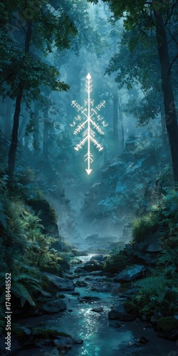 A luminous, abstract symbol hovers over a tranquil forest stream, nestled within a shadowy, verdant ravine