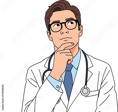 Pensive male physician illustration, wearing a lab coat and stethoscope, engaged in deep thought, reflecting on medical decisions or patient care strategies