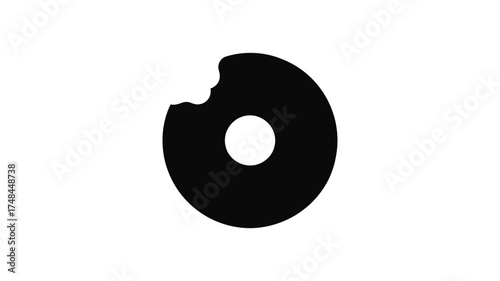 Black silhouette of a donut with a bite taken out of it on a white background