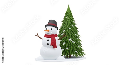 Snowman with Carved Face Black Hat Red Scarf Standing Next to Green Pine Tree with Snow on Branches for Winter Holiday Decor