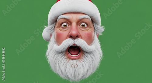 Surprised Santa Claus Face with Wide Eyes and Open Mouth on Green Background