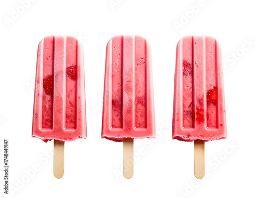 Three strawberry popsicles on a black background