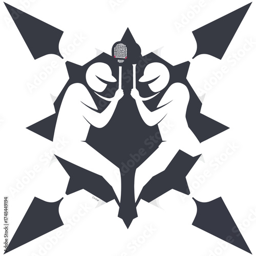 Abstract design featuring two silhouetted figures holding microphones, mirrored against a dark geometric star background.