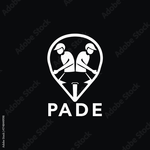 Minimalist logo depicting two figures paddling a canoe or kayak within a location pin shape, above the text "PADE".
