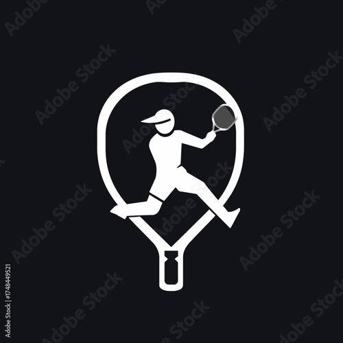 A stylized illustration of a tennis player mid-action, within a racket frame.