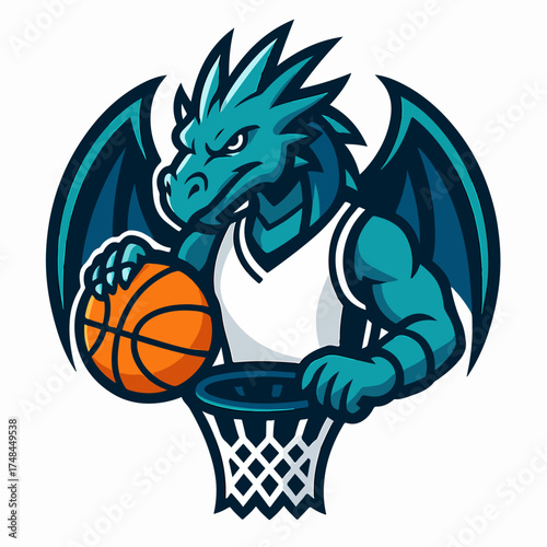 Dragon Slam Dunk Mascot Logo Teal Basketball Emblem on Clean White Background Vector