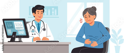 A compassionate male physician attends to an elderly patient experiencing stomach pain, offering professional medical consultation and advice for her health condition in a doctor's office setting