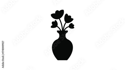 Silhouette of a vase with blooming flowers against a white background