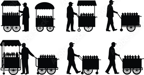 Street vendor silhouette pushing bottle cart, mobile vending, black figure, outdoor selling, urban scene, isolated illustration, beverage distribution, canopy cart design