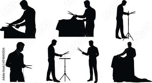 Drummer silhouette practicing with drumsticks, percussion pad, drum set, standing poses, music rehearsal, rhythmic movement, black figure isolated on white background