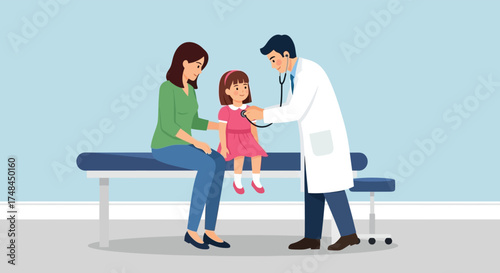 Pediatrician examining a child while the mother sits beside her on the examination table, healthcare