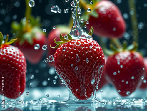 Vibrant Close-up of Fresh Strawberry with Dynamic Water Flow and Splash 4