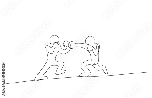 Minimal continuous one line drawing of two people sparring in boxing stance, symbolizing competition, strength, discipline, and focus in a simple artistic form. Cartoon vector Editable stroke