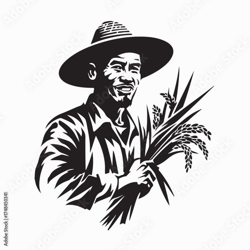 Rice Farmer Holding Paddy Plant Silhouette Vector  isolated on white background
