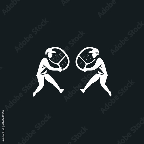 Two figures facing each other, holding circular objects in a fighting stance, depicted in white against a dark background.