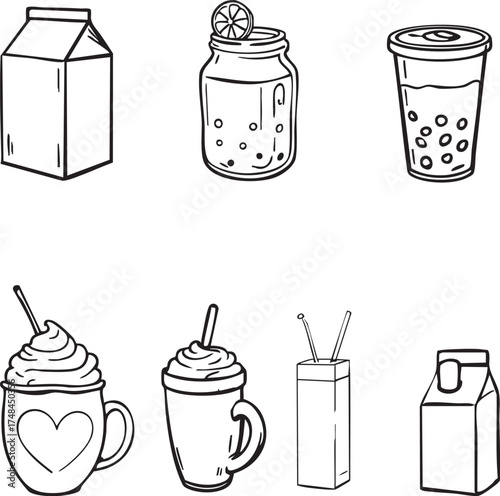 Drink container vector set—milk cartons, bubble tea, mason jar, mugs, and juice box in black-and-white sketch style